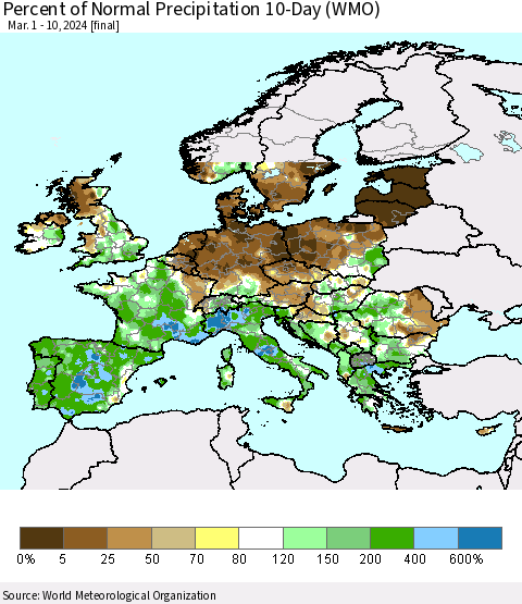 Europe Percent of Normal Precipitation 10-Day (WMO) Thematic Map For 3/1/2024 - 3/10/2024