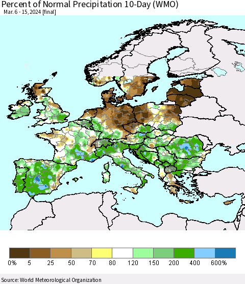Europe Percent of Normal Precipitation 10-Day (WMO) Thematic Map For 3/6/2024 - 3/15/2024