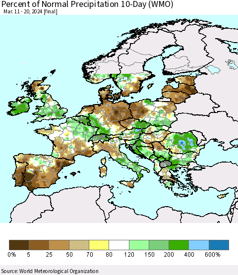 Europe Percent of Normal Precipitation 10-Day (WMO) Thematic Map For 3/11/2024 - 3/20/2024