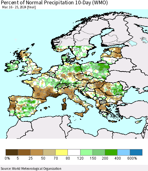 Europe Percent of Normal Precipitation 10-Day (WMO) Thematic Map For 3/16/2024 - 3/25/2024
