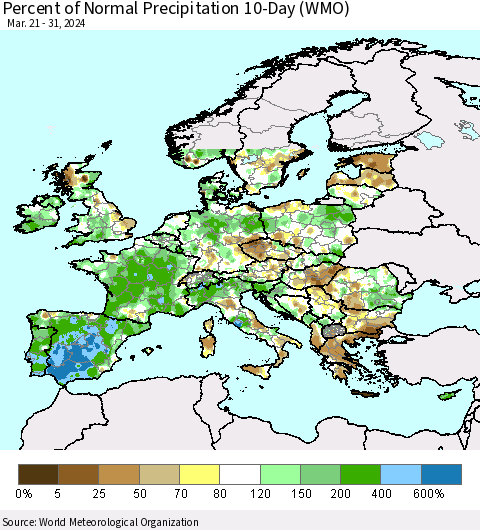 Europe Percent of Normal Precipitation 10-Day (WMO) Thematic Map For 3/21/2024 - 3/31/2024