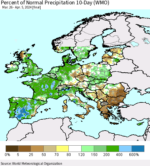 Europe Percent of Normal Precipitation 10-Day (WMO) Thematic Map For 3/26/2024 - 4/5/2024