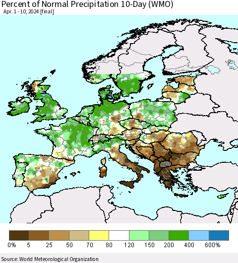 Europe Percent of Normal Precipitation 10-Day (WMO) Thematic Map For 4/1/2024 - 4/10/2024