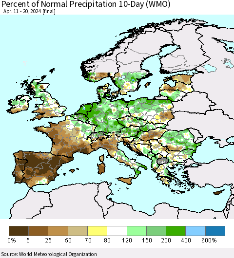 Europe Percent of Normal Precipitation 10-Day (WMO) Thematic Map For 4/11/2024 - 4/20/2024
