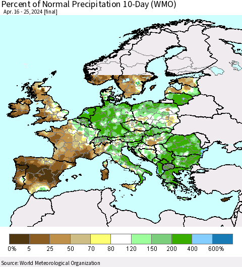 Europe Percent of Normal Precipitation 10-Day (WMO) Thematic Map For 4/16/2024 - 4/25/2024