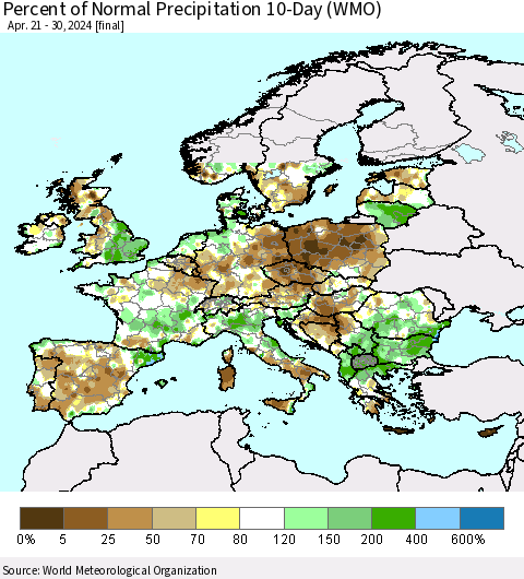 Europe Percent of Normal Precipitation 10-Day (WMO) Thematic Map For 4/21/2024 - 4/30/2024