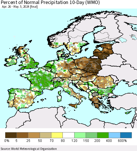 Europe Percent of Normal Precipitation 10-Day (WMO) Thematic Map For 4/26/2024 - 5/5/2024