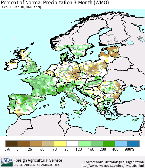 Europe Percent of Normal Precipitation 3-Month (WMO) Thematic Map For 10/11/2019 - 1/10/2020