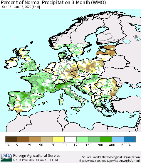 Europe Percent of Normal Precipitation 3-Month (WMO) Thematic Map For 10/16/2019 - 1/15/2020