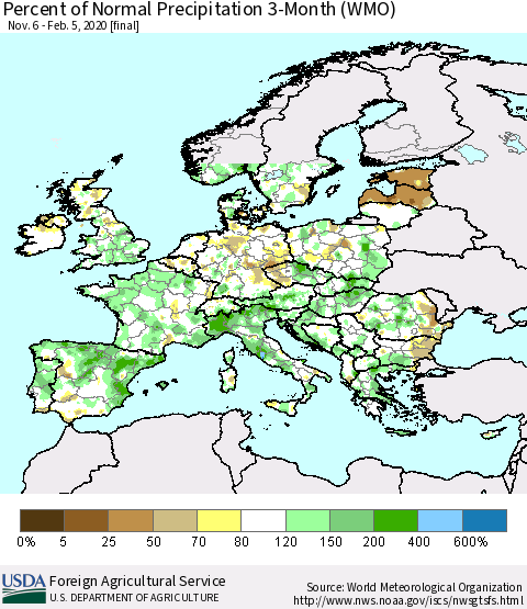 Europe Percent of Normal Precipitation 3-Month (WMO) Thematic Map For 11/6/2019 - 2/5/2020