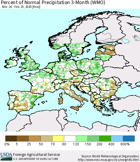 Europe Percent of Normal Precipitation 3-Month (WMO) Thematic Map For 11/26/2019 - 2/25/2020