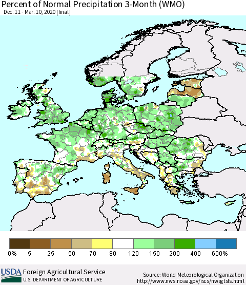 Europe Percent of Normal Precipitation 3-Month (WMO) Thematic Map For 12/11/2019 - 3/10/2020