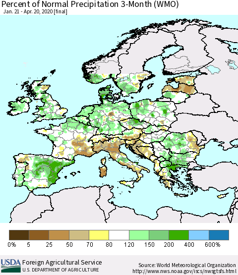 Europe Percent of Normal Precipitation 3-Month (WMO) Thematic Map For 1/21/2020 - 4/20/2020