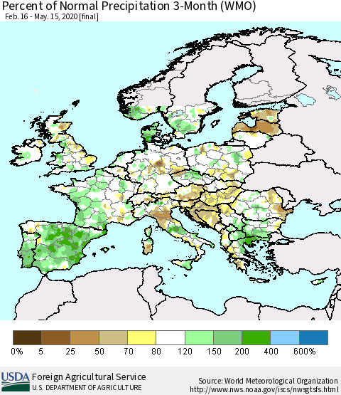 Europe Percent of Normal Precipitation 3-Month (WMO) Thematic Map For 2/16/2020 - 5/15/2020