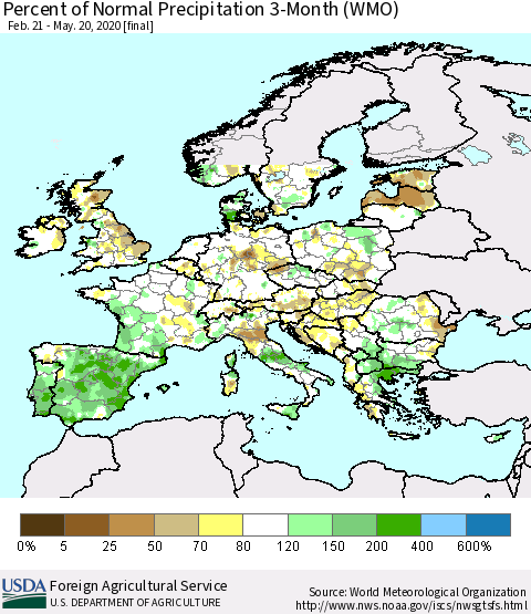 Europe Percent of Normal Precipitation 3-Month (WMO) Thematic Map For 2/21/2020 - 5/20/2020