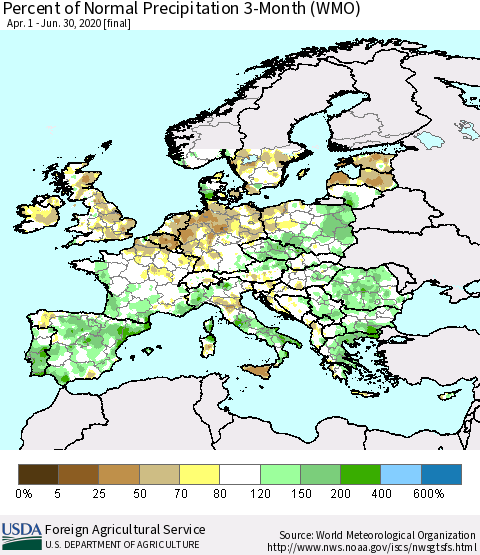 Europe Percent of Normal Precipitation 3-Month (WMO) Thematic Map For 4/1/2020 - 6/30/2020
