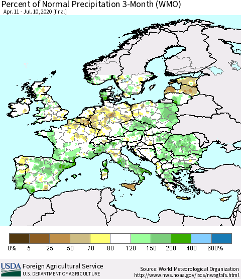 Europe Percent of Normal Precipitation 3-Month (WMO) Thematic Map For 4/11/2020 - 7/10/2020