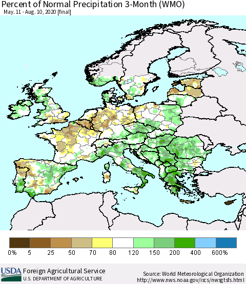 Europe Percent of Normal Precipitation 3-Month (WMO) Thematic Map For 5/11/2020 - 8/10/2020