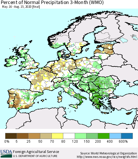 Europe Percent of Normal Precipitation 3-Month (WMO) Thematic Map For 5/16/2020 - 8/15/2020