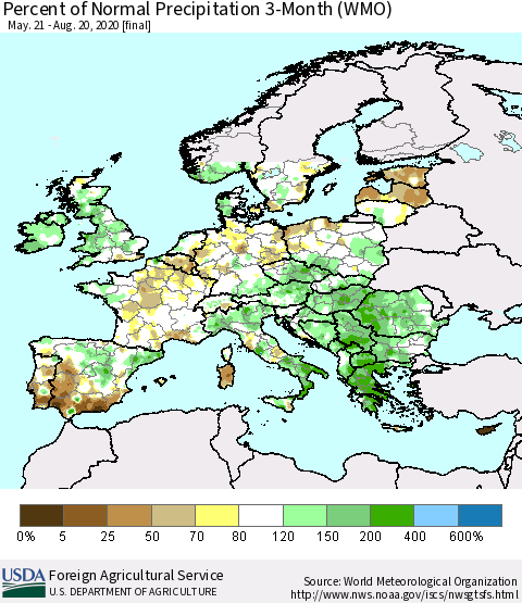 Europe Percent of Normal Precipitation 3-Month (WMO) Thematic Map For 5/21/2020 - 8/20/2020