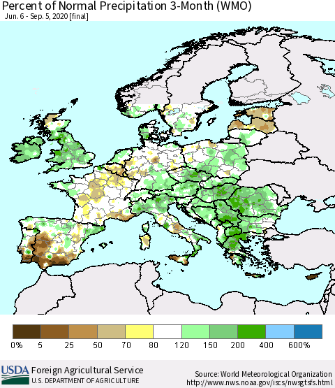 Europe Percent of Normal Precipitation 3-Month (WMO) Thematic Map For 6/6/2020 - 9/5/2020