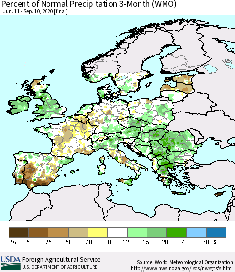 Europe Percent of Normal Precipitation 3-Month (WMO) Thematic Map For 6/11/2020 - 9/10/2020