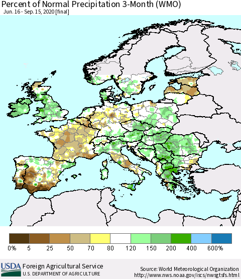 Europe Percent of Normal Precipitation 3-Month (WMO) Thematic Map For 6/16/2020 - 9/15/2020