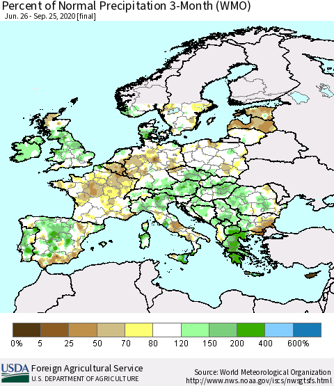 Europe Percent of Normal Precipitation 3-Month (WMO) Thematic Map For 6/26/2020 - 9/25/2020