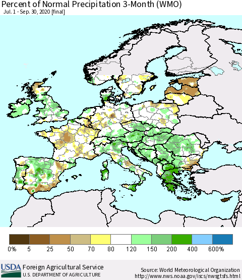 Europe Percent of Normal Precipitation 3-Month (WMO) Thematic Map For 7/1/2020 - 9/30/2020