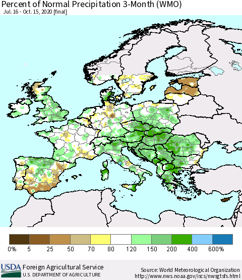 Europe Percent of Normal Precipitation 3-Month (WMO) Thematic Map For 7/16/2020 - 10/15/2020