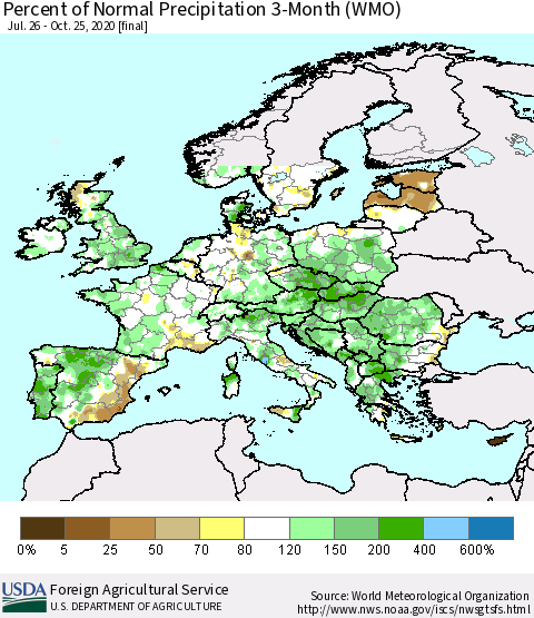 Europe Percent of Normal Precipitation 3-Month (WMO) Thematic Map For 7/26/2020 - 10/25/2020