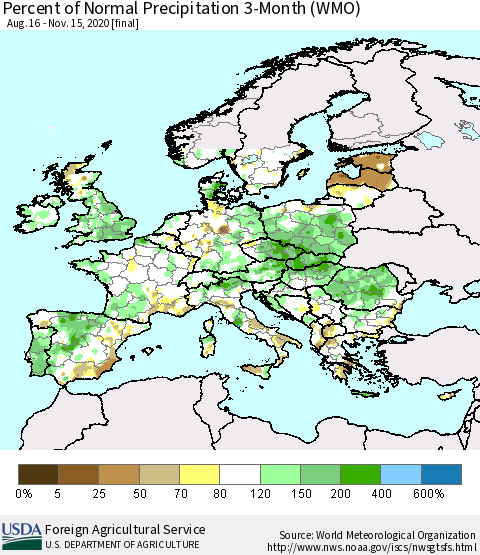 Europe Percent of Normal Precipitation 3-Month (WMO) Thematic Map For 8/16/2020 - 11/15/2020