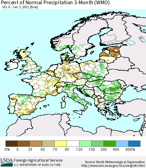 Europe Percent of Normal Precipitation 3-Month (WMO) Thematic Map For 10/6/2020 - 1/5/2021