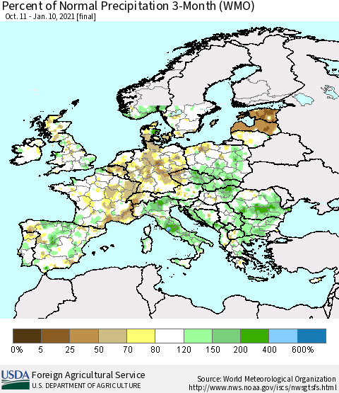 Europe Percent of Normal Precipitation 3-Month (WMO) Thematic Map For 10/11/2020 - 1/10/2021