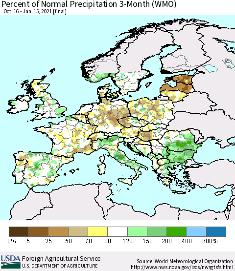Europe Percent of Normal Precipitation 3-Month (WMO) Thematic Map For 10/16/2020 - 1/15/2021
