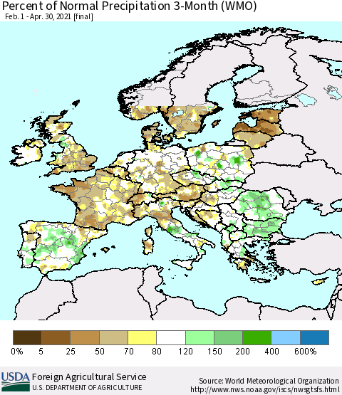 Europe Percent of Normal Precipitation 3-Month (WMO) Thematic Map For 2/1/2021 - 4/30/2021