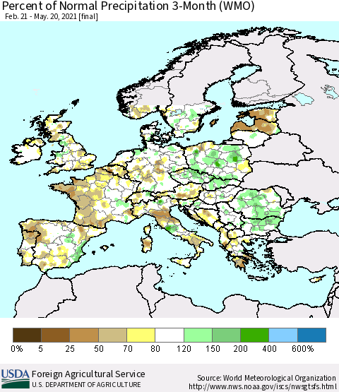 Europe Percent of Normal Precipitation 3-Month (WMO) Thematic Map For 2/21/2021 - 5/20/2021