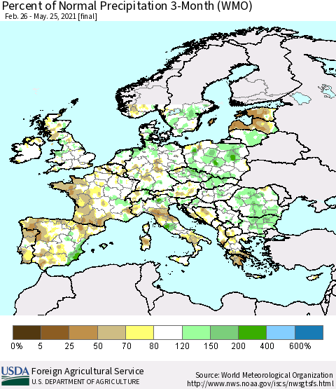 Europe Percent of Normal Precipitation 3-Month (WMO) Thematic Map For 2/26/2021 - 5/25/2021