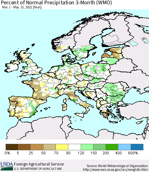 Europe Percent of Normal Precipitation 3-Month (WMO) Thematic Map For 3/1/2021 - 5/31/2021