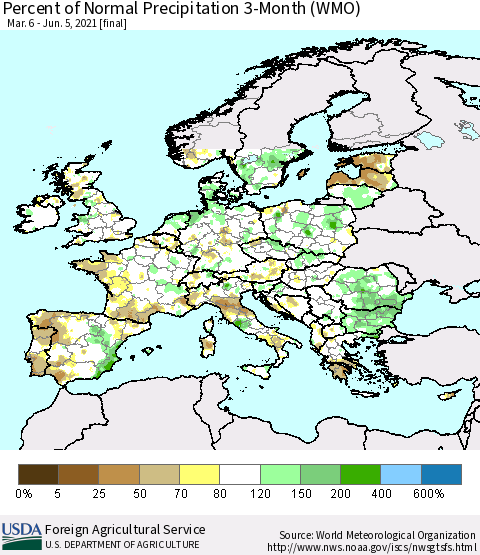 Europe Percent of Normal Precipitation 3-Month (WMO) Thematic Map For 3/6/2021 - 6/5/2021