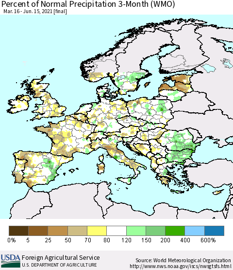 Europe Percent of Normal Precipitation 3-Month (WMO) Thematic Map For 3/16/2021 - 6/15/2021