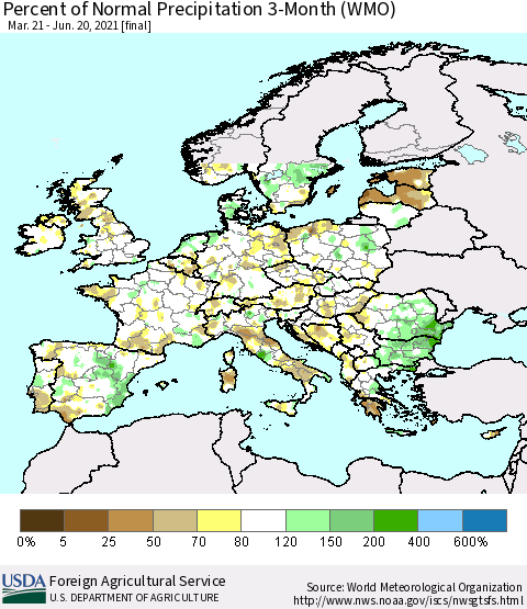 Europe Percent of Normal Precipitation 3-Month (WMO) Thematic Map For 3/21/2021 - 6/20/2021