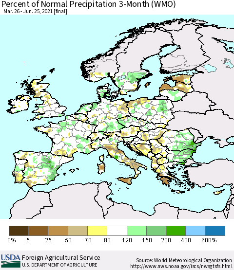 Europe Percent of Normal Precipitation 3-Month (WMO) Thematic Map For 3/26/2021 - 6/25/2021