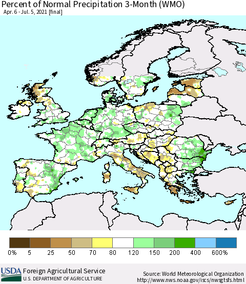 Europe Percent of Normal Precipitation 3-Month (WMO) Thematic Map For 4/6/2021 - 7/5/2021