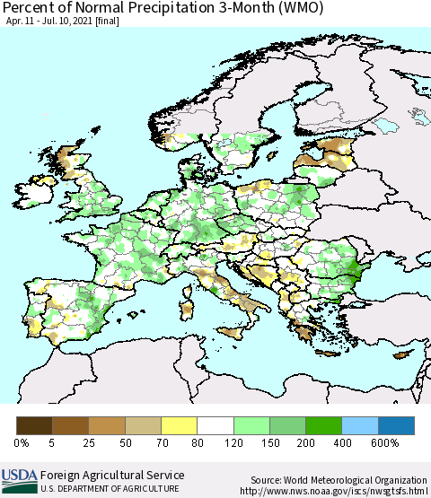 Europe Percent of Normal Precipitation 3-Month (WMO) Thematic Map For 4/11/2021 - 7/10/2021