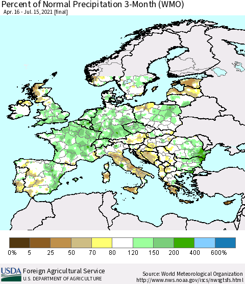 Europe Percent of Normal Precipitation 3-Month (WMO) Thematic Map For 4/16/2021 - 7/15/2021