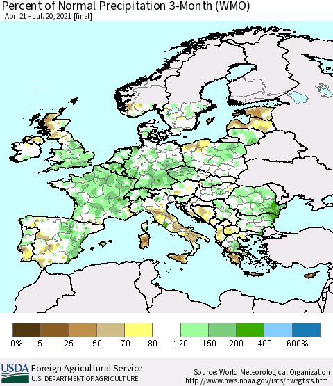 Europe Percent of Normal Precipitation 3-Month (WMO) Thematic Map For 4/21/2021 - 7/20/2021