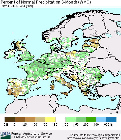 Europe Percent of Normal Precipitation 3-Month (WMO) Thematic Map For 5/1/2021 - 7/31/2021