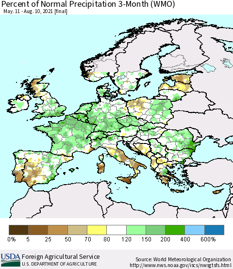 Europe Percent of Normal Precipitation 3-Month (WMO) Thematic Map For 5/11/2021 - 8/10/2021