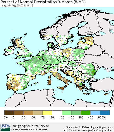 Europe Percent of Normal Precipitation 3-Month (WMO) Thematic Map For 5/16/2021 - 8/15/2021